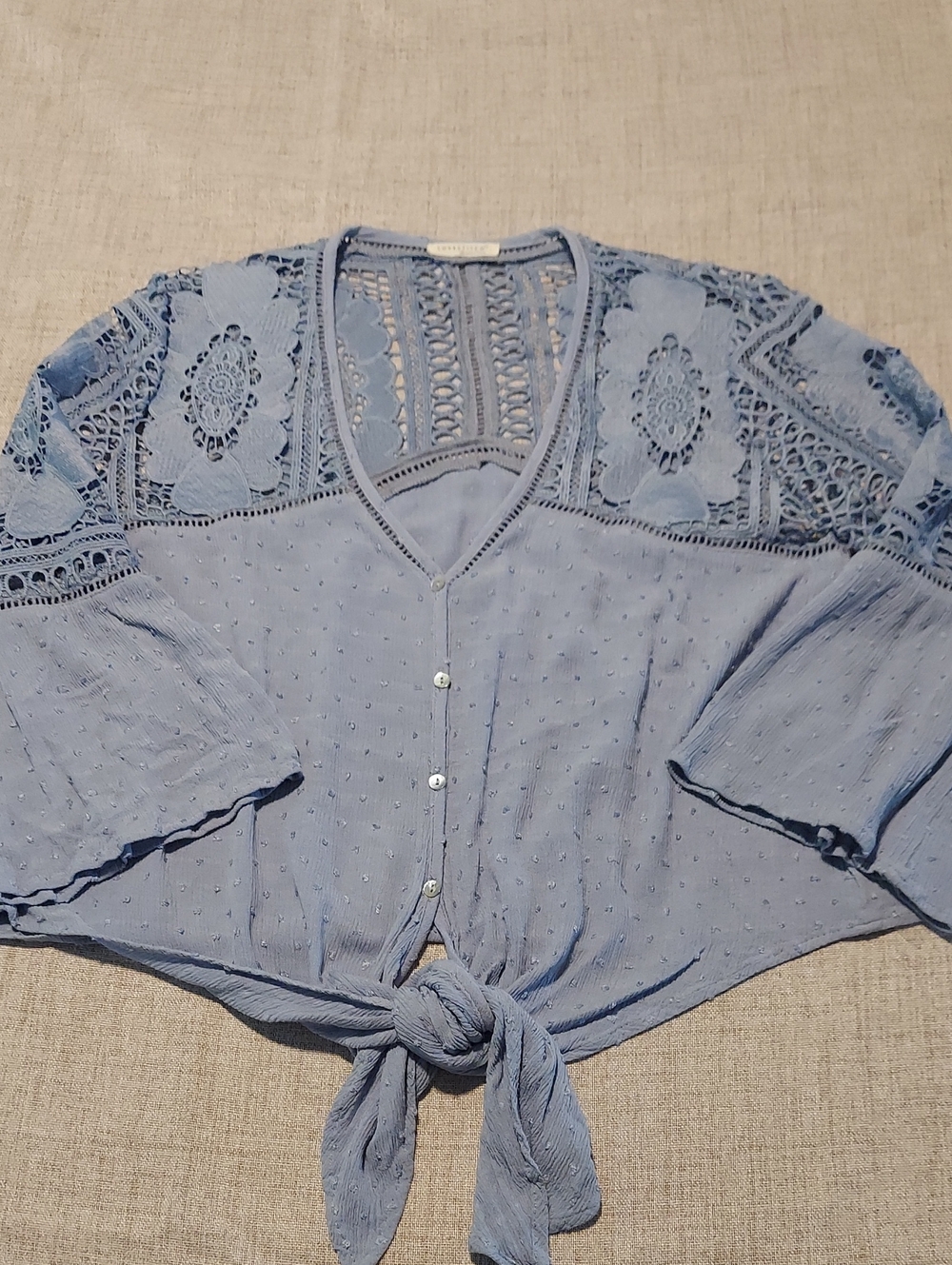 lovestitch Sky Blue Lace-Trim Tie-Front Blouse - Picture 1 of 8